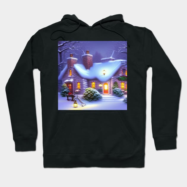Magical Fantasy Cottage with Lights In A Snowy Scene, Scenery Nature Hoodie by Promen Art